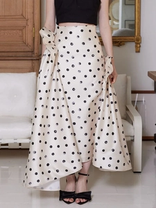 Jupe Longue à Pois Taille Haute Satin avec Volants et Nœud Vintage Coupe Trapèze Maxi Jupe Femme Fête Quotidien