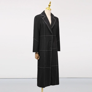 Detail of black trench coat with white contrast stitching and single-breasted buttons
