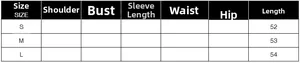 Detailed size chart with length measurements for striped vest in S, M, and L sizes