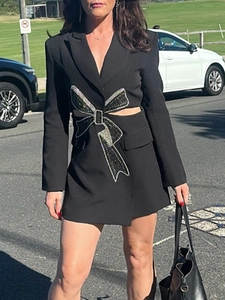 Women Elegant Cut-Out Blazer Dress Large Rhinestone Bow Decor Slim Fit Long Sleeve Professional Black Blazer Dress