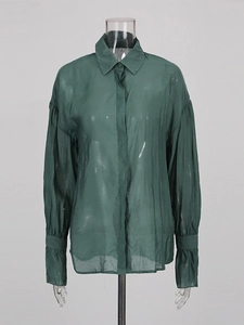 Women's dark green long sleeve sheer shirt with classic collar and button-down front