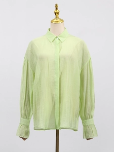 Elegant light green long sleeve shirt for women with textured fabric and classic lapel