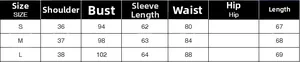Detailed size chart for women's elegant blazer showing shoulder, bust, sleeve, and length
