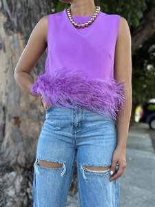 Women Elegant Ostrich Feather Trim Vest Casual Round Neck Sleeveless Polyester Top Solid Color Fashion Party Tank Shirt