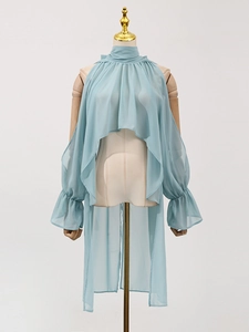 Light blue sheer chiffon top with ruffled neck and long draped hem for women