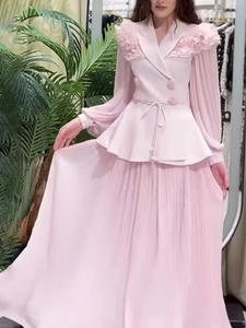 Women Elegant Ruffle Blazer Top And High Waist Pleated Long Skirt Lady Office Party Suit Fashion Lantern Sleeve Outfit