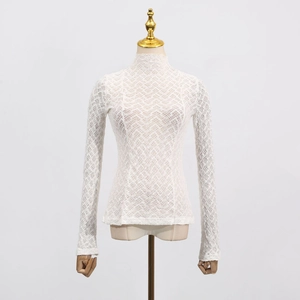 Close-up of elegant slim-fit lace top with high neck and intricate geometric knit texture