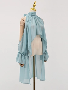 Light blue chiffon halter neck top with irregular hem and ruffled cuffs for women