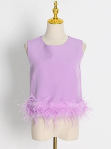 Chic lavender sleeveless top with ostrich feather hem trim for women's spring fashion