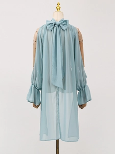 Light blue sheer chiffon tunic for women with rear bow collar and ruffle elastic cuffs