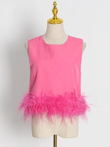 Pink sleeveless top for women with round neck and ostrich feather hem detailing