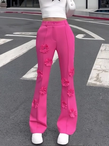 Pantaloni a Zampa a Vita Alta da Donna con Applicazioni Floreali 3D Eleganti Rosa Shocking Pantaloni Lunghi Casual Abbigliamento
