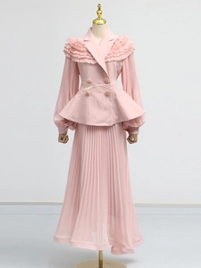 Elegant pink two-piece set with ruffled waist top and pleated maxi skirt for women