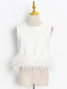 Elegant white sleeveless top featuring ostrich feather trim hem and a round neckline