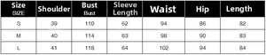 Detailed size guide table for women's long sleeve pleated dress with S M L measurements