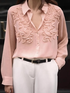 Elegant Women Pink Chiffon Blouse 3D Floral Ruffle Long Sleeve Turn-Down Collar Shirt Commuter Fashion Top For Lady Office