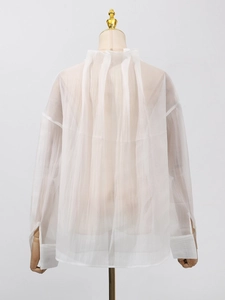 Chemisier plissé blanc élégant pour femme avec manches longues et tissu transparent