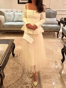 Women Elegant Square Neck Mesh Patchwork Peplum Top And High Waist Long Mesh Skirt Top And Bottom Socialite Office Suit