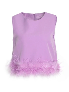 Lavender sleeveless crew neck top featuring fluffy ostrich feather trim at the hemline