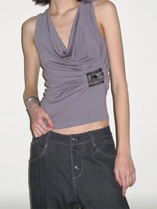 Women Sexy Cowl Neck Sleeveless Tank Top Solid Color Draped Ruched Casual Summer Vest Top With Rhinestone Detail