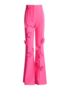 Pantaloni a zampa rosa a vita alta con applicazioni floreali 3D e piega frontale
