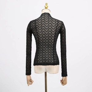 Back view of black lace slim fit top with textured wavy patterns and high neck