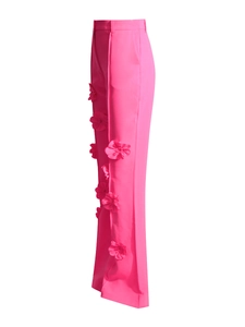 Pantaloni a gamba larga fucsia da donna con applicazioni floreali 3D e vita alta