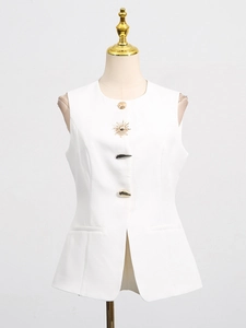French style white sleeveless peplum vest with unique irregular decorative metal buttons