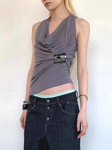 Vintage sleeveless tank top for women featuring pleated deep V-neck and decorative buckle