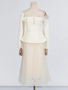 Elegant off-white peplum top with mesh sleeves and matching tiered long tulle skirt set