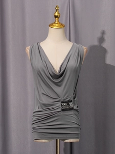 Grey cowl neck sleeveless top for women featuring a stylish waist sequin patch detail