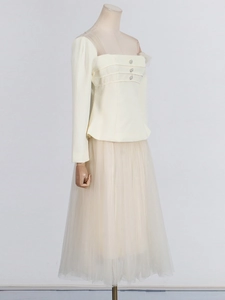 Chic beige square neck mesh patchwork long sleeve top and high waist midi skirt set