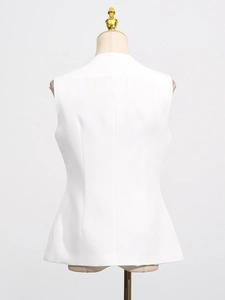 Slim fit sleeveless white French vest with irregular buttons and clean back seam