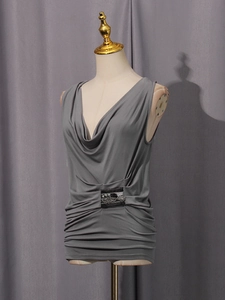 Deep grey sleeveless cowl neck top with waist rhinestone buckle and pleated texture