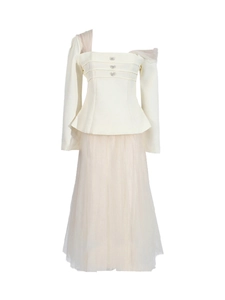 Elegant ivory square neck mesh top and high waist long tulle skirt two-piece set