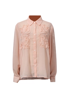 Elegant light pink long sleeve chiffon blouse with front ruffles and classic collar