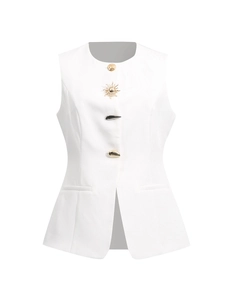White sleeveless waist-cinched vest for women with unique decorative metal buttons