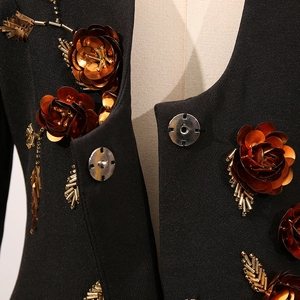 Detail of heavy embroidery and 3D floral sequins on this elegant black blazer