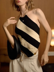 Women Chic Diagonal Striped Knit Halter Top Niche Design Sleeveless Backless Summer Streetwear Fashion Ribbed Knit Vest