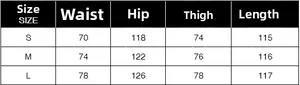Size chart for high-waisted wide-leg trousers showing waist, hip, and length measurements