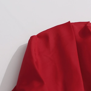 Detail view of the red smooth fabric texture and hemline of the luxury evening corset top