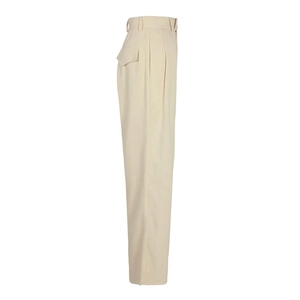 Detail view of high waist beige wide leg trousers with decorative side flap pockets