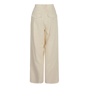 Detailed back view of high-waist cream trousers with triangle detail and flap pockets