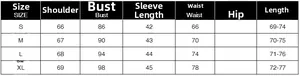 Detailed size chart for women's casual lantern sleeve shirt including S to XL measurements