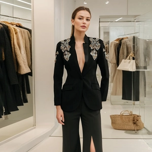 Detail eines schwarzen Blazers mit eleganten Gold- und Silberpailletten an den Schultern