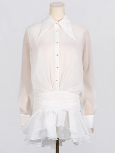 Elegant white mesh pleated mini dress with lapel collar and long sleeves for women