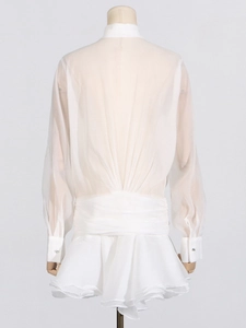 Elegant white mesh pleated mini dress with long sleeves and layered ruffle hemline
