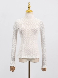 Slim fit white high neck top for women featuring intricate textured lace and long sleeves