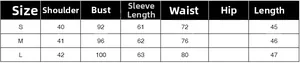 Tableau des tailles détaillé pour chemise en satin avec mesures d'épaules et de poitrine