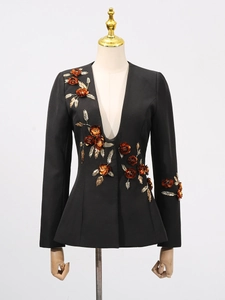 Elegant black fitted blazer for women featuring handmade bronze sequin floral embroidery